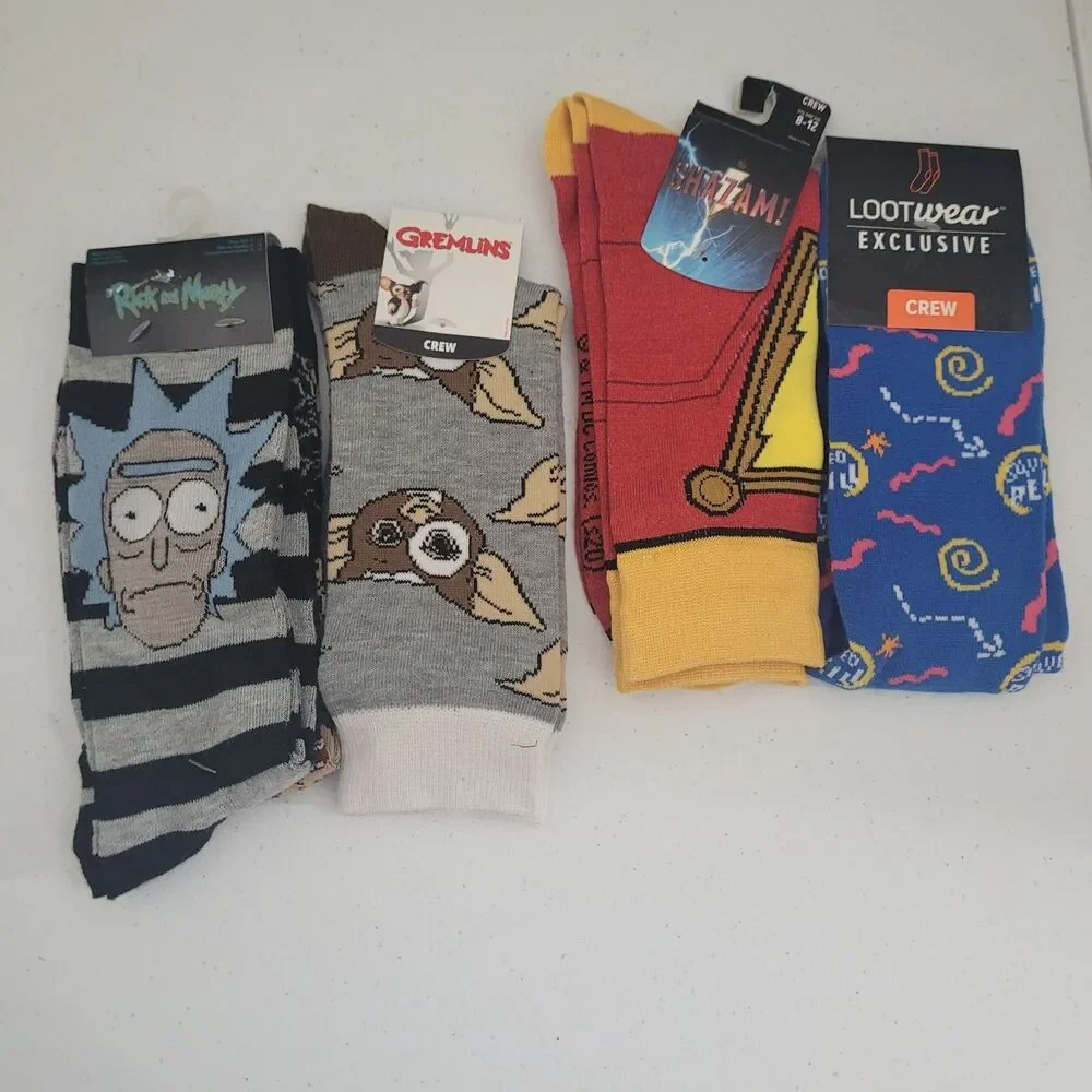 NEW Crew Sock lot 4 items Rick & Morty Gremlins Shazam Saved by Bell Adult Swim